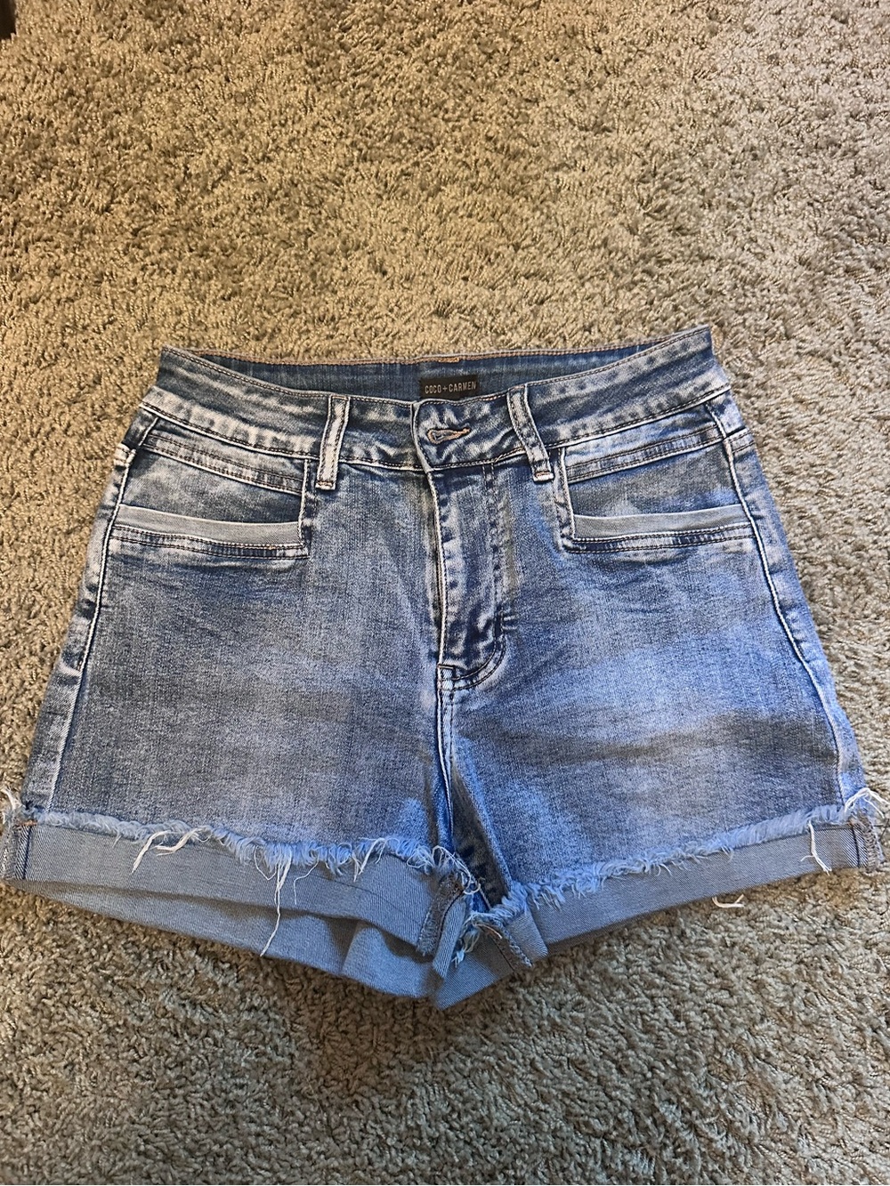 COCO + CARMEN Denim Shorts Medium Blue Wash Frayed Cuffed Hem